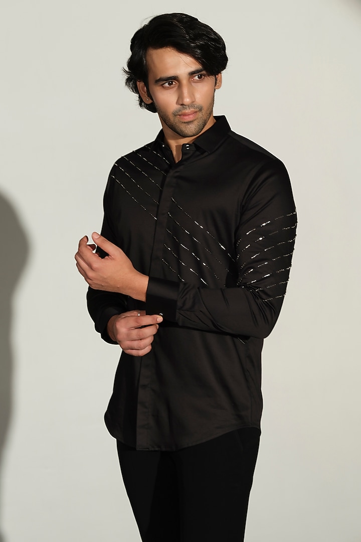 Black Stretchable Cotton Hand Embroidered Party Wear Shirt by SANJANA REDDY MEN at Pernia's Pop Up Shop