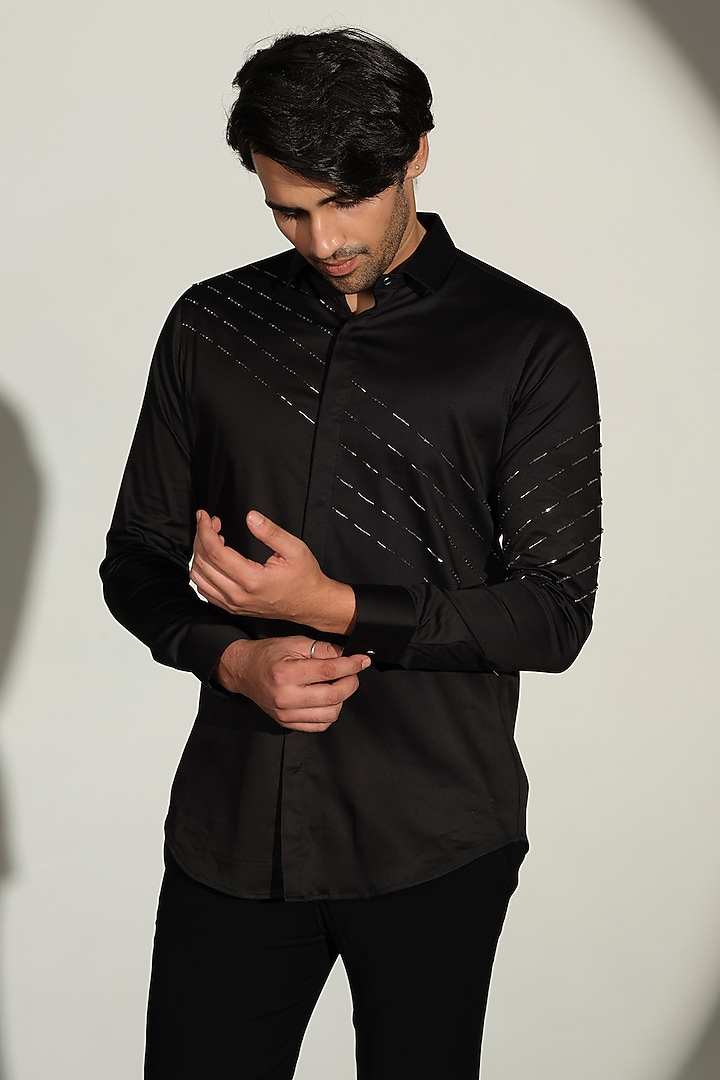 Black Stretchable Cotton Hand Embroidered Party Wear Shirt by SANJANA REDDY MEN at Pernia's Pop Up Shop