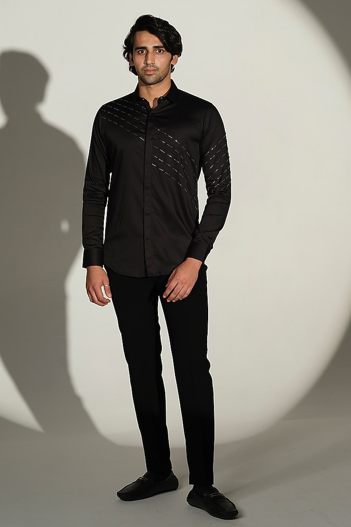 Black Stretchable Cotton Hand Embroidered Party Wear Shirt by SANJANA REDDY MEN at Pernia's Pop Up Shop