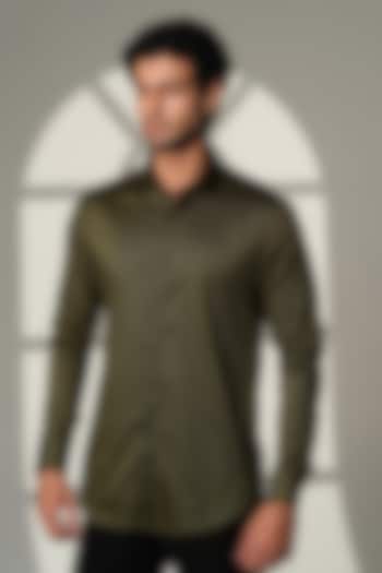 Olive Green Stretchable Cotton Hand Embroidered Party Wear Shirt by SANJANA REDDY MEN at Pernia's Pop Up Shop