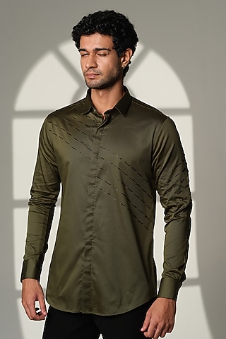 Olive Green Stretchable Cotton Hand Embroidered Shirt by SANJANA REDDY MEN