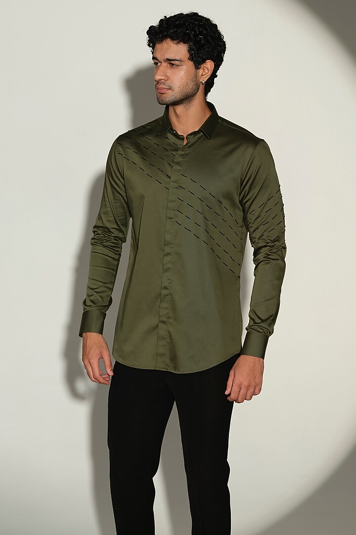 Olive Green Stretchable Cotton Hand Embroidered Party Wear Shirt by SANJANA REDDY MEN at Pernia's Pop Up Shop