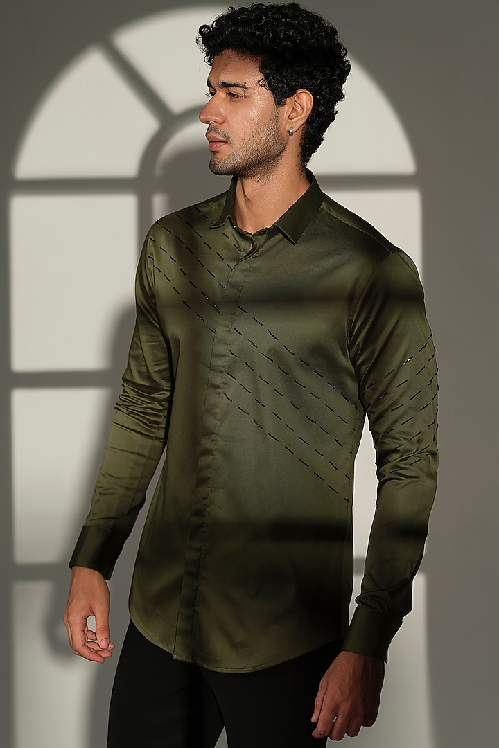 Olive Green Stretchable Cotton Hand Embroidered Party Wear Shirt by SANJANA REDDY MEN at Pernia's Pop Up Shop