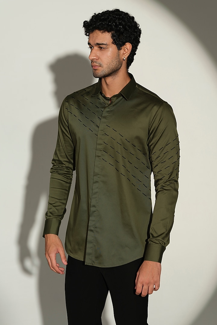 Olive Green Stretchable Cotton Hand Embroidered Party Wear Shirt by SANJANA REDDY MEN at Pernia's Pop Up Shop