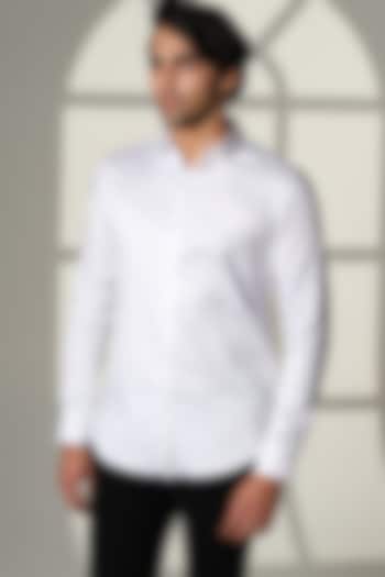 White Stretchable Cotton Hand Embroidered Party Wear Shirt by SANJANA REDDY MEN at Pernia's Pop Up Shop