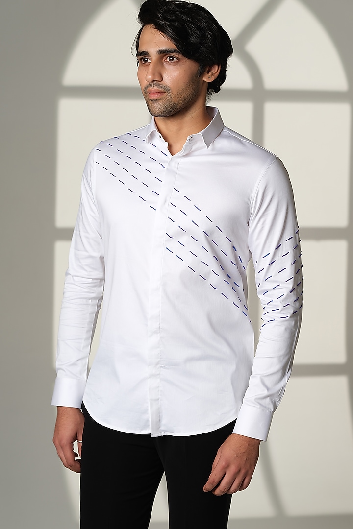 White Stretchable Cotton Hand Embroidered Party Wear Shirt by SANJANA REDDY MEN at Pernia's Pop Up Shop