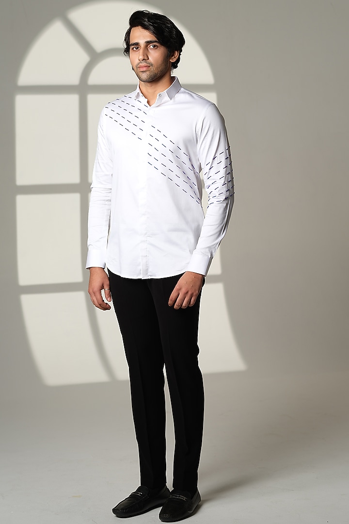 White Stretchable Cotton Hand Embroidered Party Wear Shirt by SANJANA REDDY MEN at Pernia's Pop Up Shop