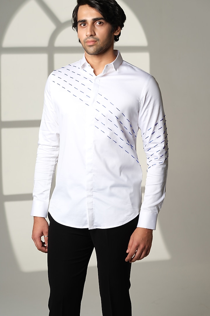 White Stretchable Cotton Hand Embroidered Party Wear Shirt by SANJANA REDDY MEN at Pernia's Pop Up Shop
