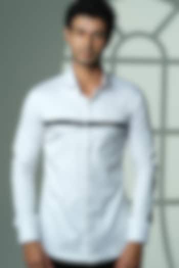 White Stretchable Cotton Hand Embroidered Party Wear Shirt by SANJANA REDDY MEN at Pernia's Pop Up Shop