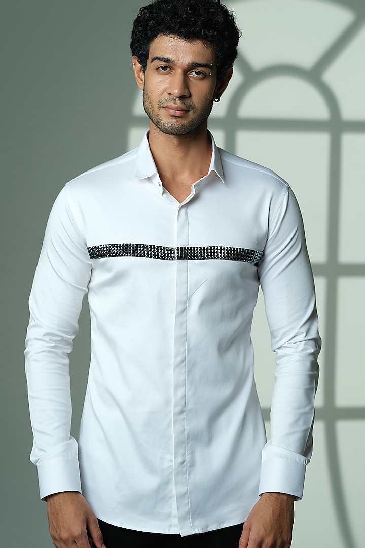 White Stretchable Cotton Hand Embroidered Party Wear Shirt by SANJANA REDDY MEN at Pernia's Pop Up Shop