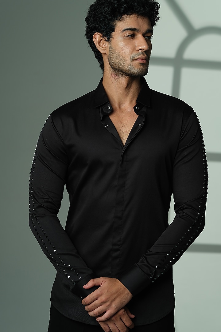 Black Stretchable Cotton Hand Embroidered Party Wear Shirt by SANJANA REDDY MEN at Pernia's Pop Up Shop