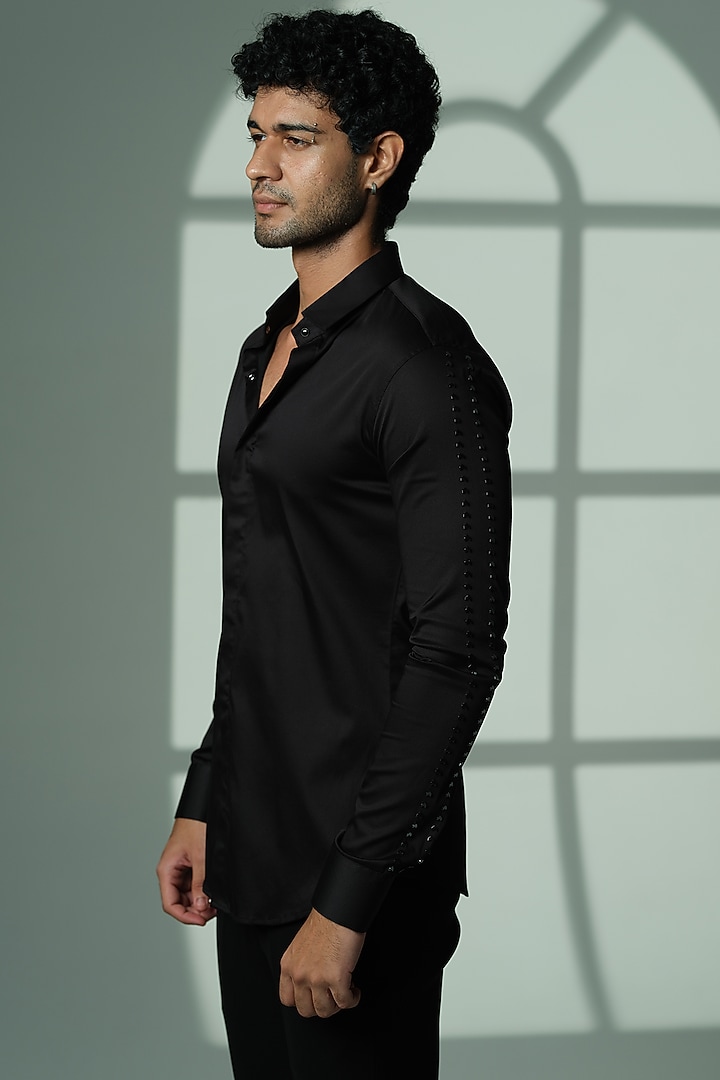 Black Stretchable Cotton Hand Embroidered Party Wear Shirt by SANJANA REDDY MEN at Pernia's Pop Up Shop