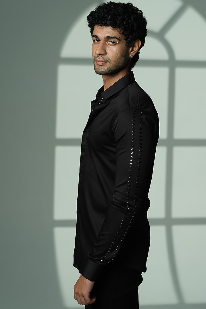 Black Stretchable Cotton Hand Embroidered Party Wear Shirt by SANJANA REDDY MEN at Pernia's Pop Up Shop