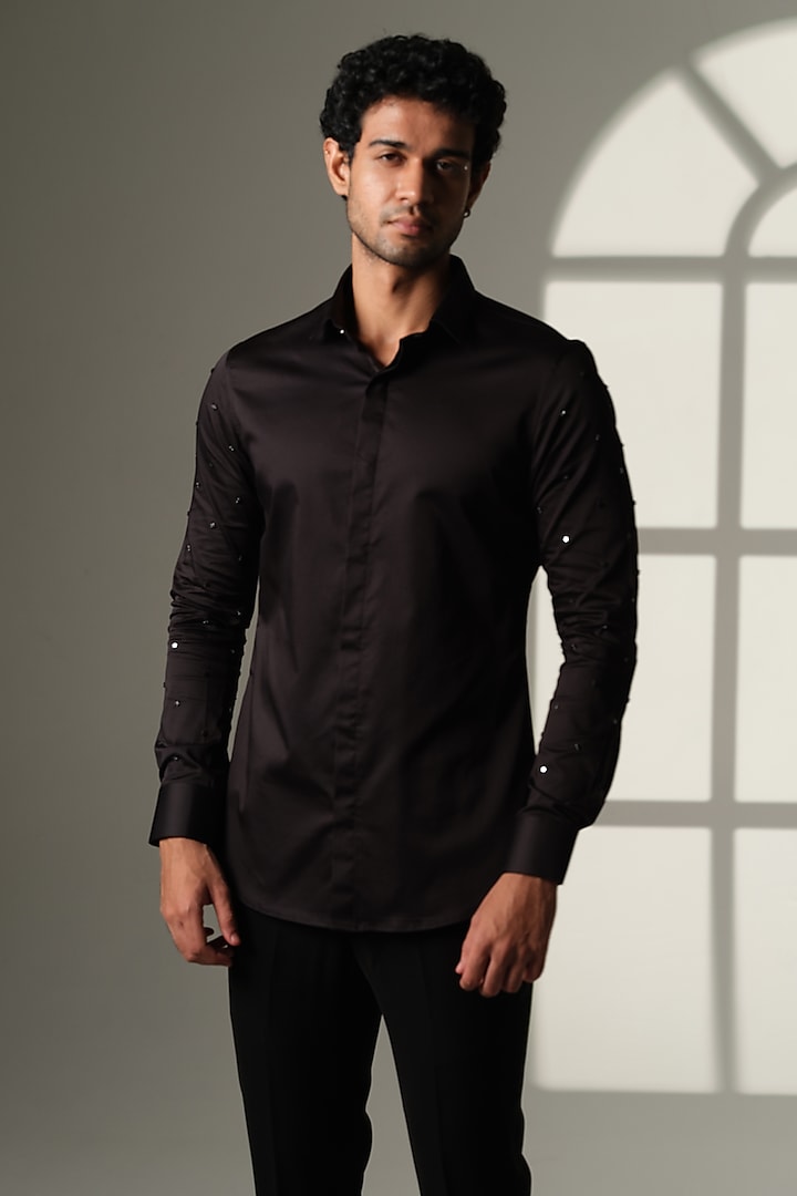 Black Stretchable Cotton Hand Embroidered Party Wear Shirt by SANJANA REDDY MEN at Pernia's Pop Up Shop