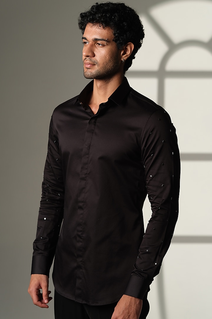 Black Stretchable Cotton Hand Embroidered Party Wear Shirt by SANJANA REDDY MEN at Pernia's Pop Up Shop