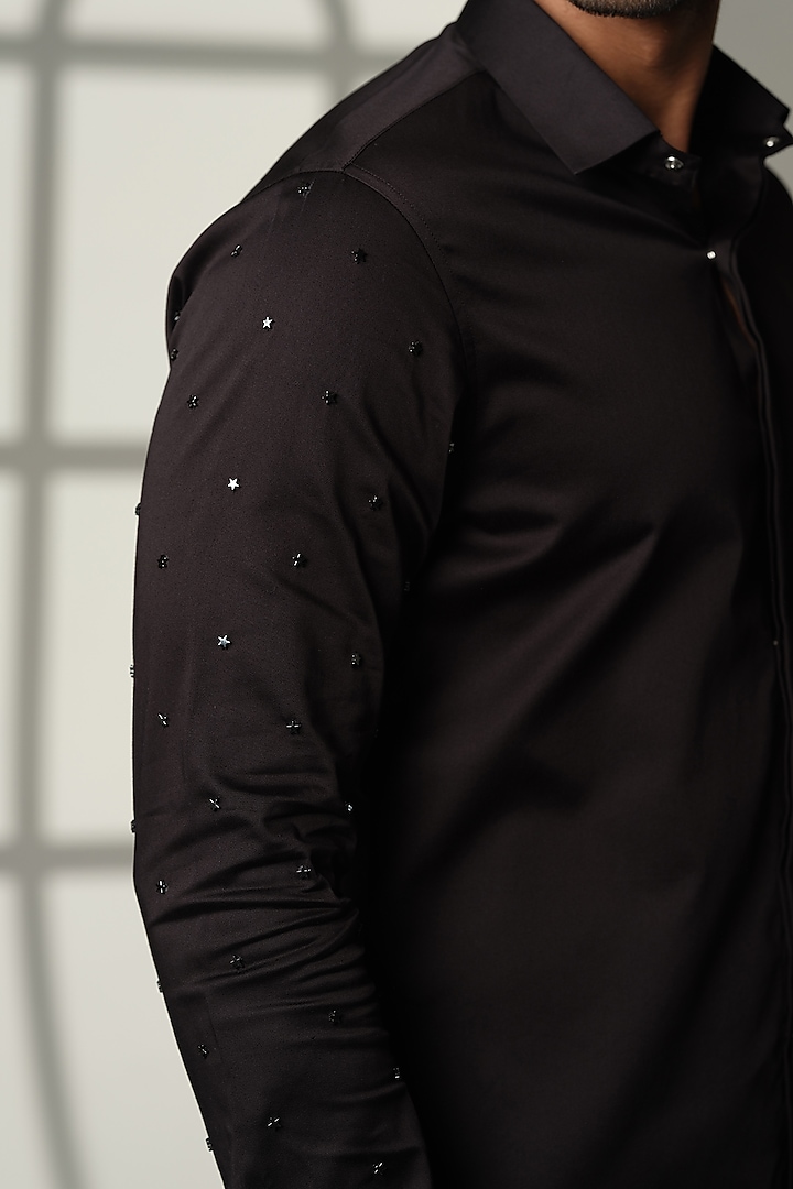 Black Stretchable Cotton Hand Embroidered Party Wear Shirt by SANJANA REDDY MEN at Pernia's Pop Up Shop