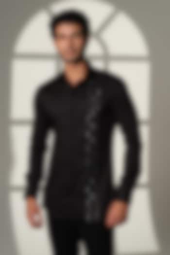 Black Stretchable Cotton Hand Embroidered Party Wear Shirt by SANJANA REDDY MEN at Pernia's Pop Up Shop