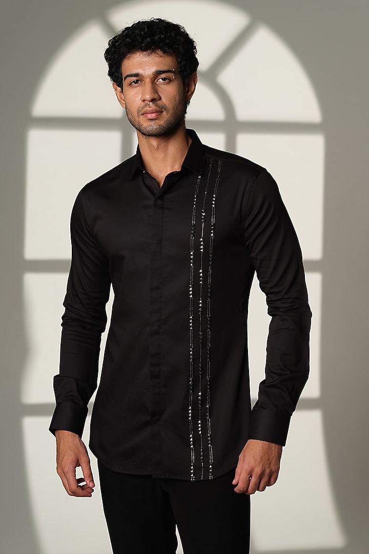 Black Stretchable Cotton Hand Embroidered Party Wear Shirt by SANJANA REDDY MEN at Pernia's Pop Up Shop