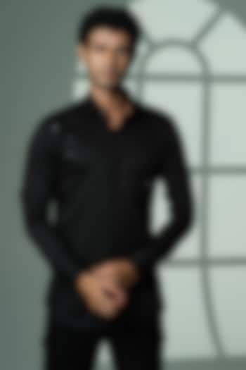 Black Stretchable Cotton Hand Embroidered Party Wear Shirt by SANJANA REDDY MEN at Pernia's Pop Up Shop