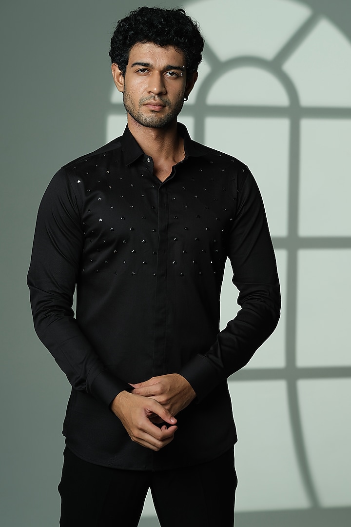 Black Stretchable Cotton Hand Embroidered Party Wear Shirt by SANJANA REDDY MEN at Pernia's Pop Up Shop