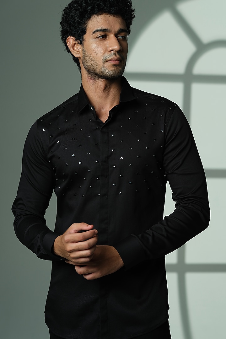 Black Stretchable Cotton Hand Embroidered Party Wear Shirt by SANJANA REDDY MEN at Pernia's Pop Up Shop
