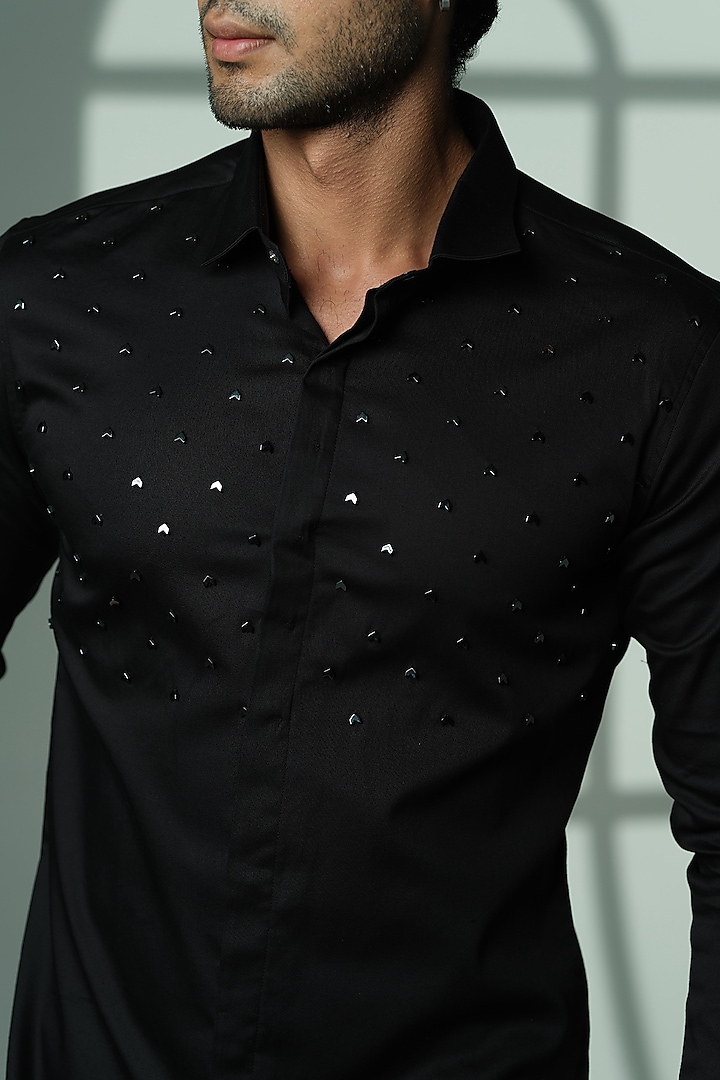 Black Stretchable Cotton Hand Embroidered Party Wear Shirt by SANJANA REDDY MEN at Pernia's Pop Up Shop