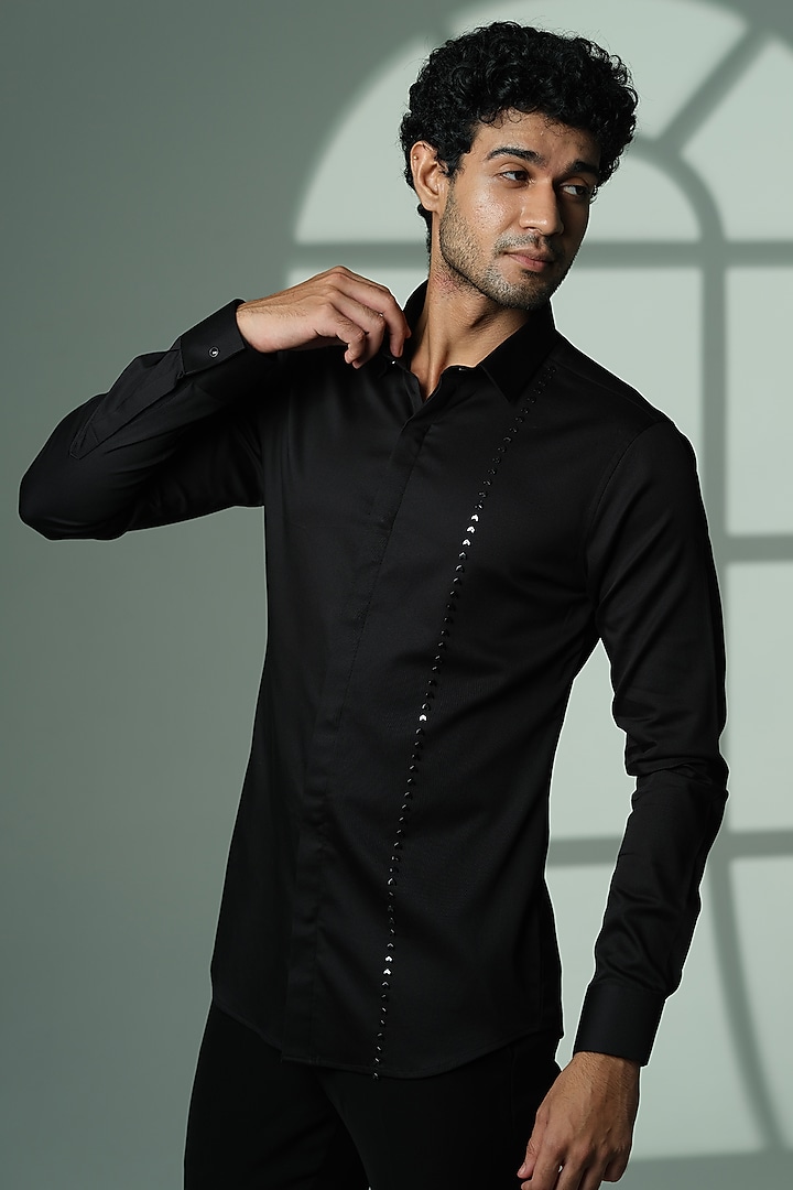 Black Stretchable Cotton Hand Embroidered Party Wear Shirt by SANJANA REDDY MEN at Pernia's Pop Up Shop