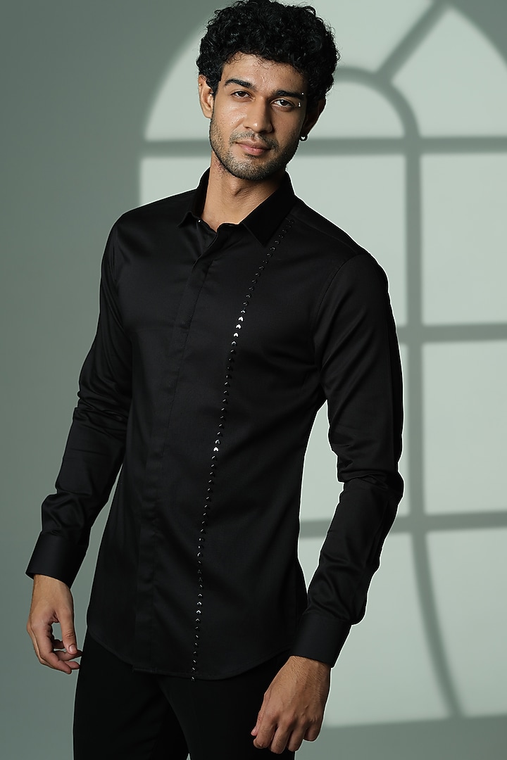 Black Stretchable Cotton Hand Embroidered Party Wear Shirt by SANJANA REDDY MEN at Pernia's Pop Up Shop