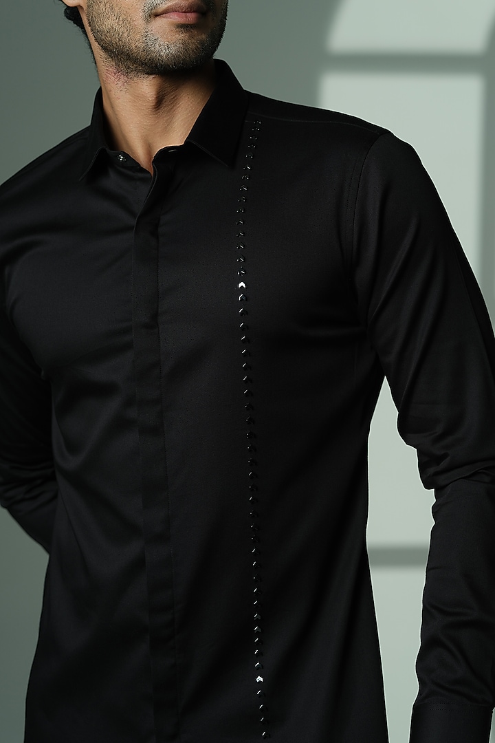 Black Stretchable Cotton Hand Embroidered Party Wear Shirt by SANJANA REDDY MEN at Pernia's Pop Up Shop