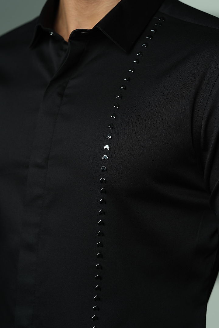 Black Stretchable Cotton Hand Embroidered Party Wear Shirt by SANJANA REDDY MEN at Pernia's Pop Up Shop