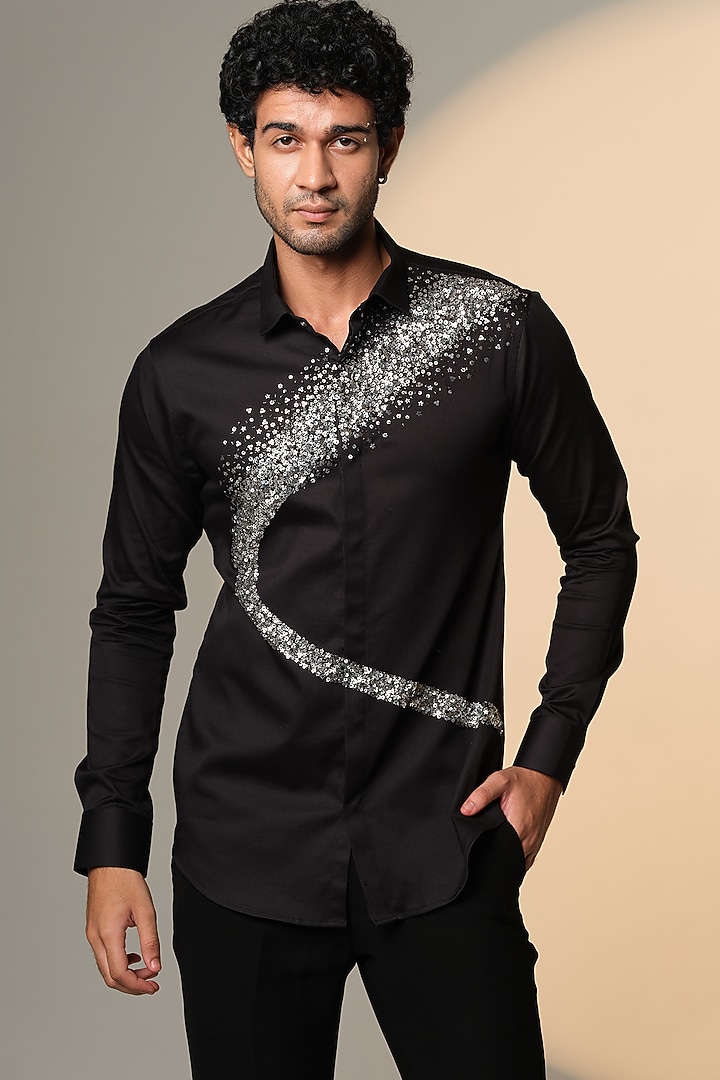 Black Stretchable Cotton Hand Embroidered Wedding Shirt by SANJANA REDDY MEN at Pernia's Pop Up Shop