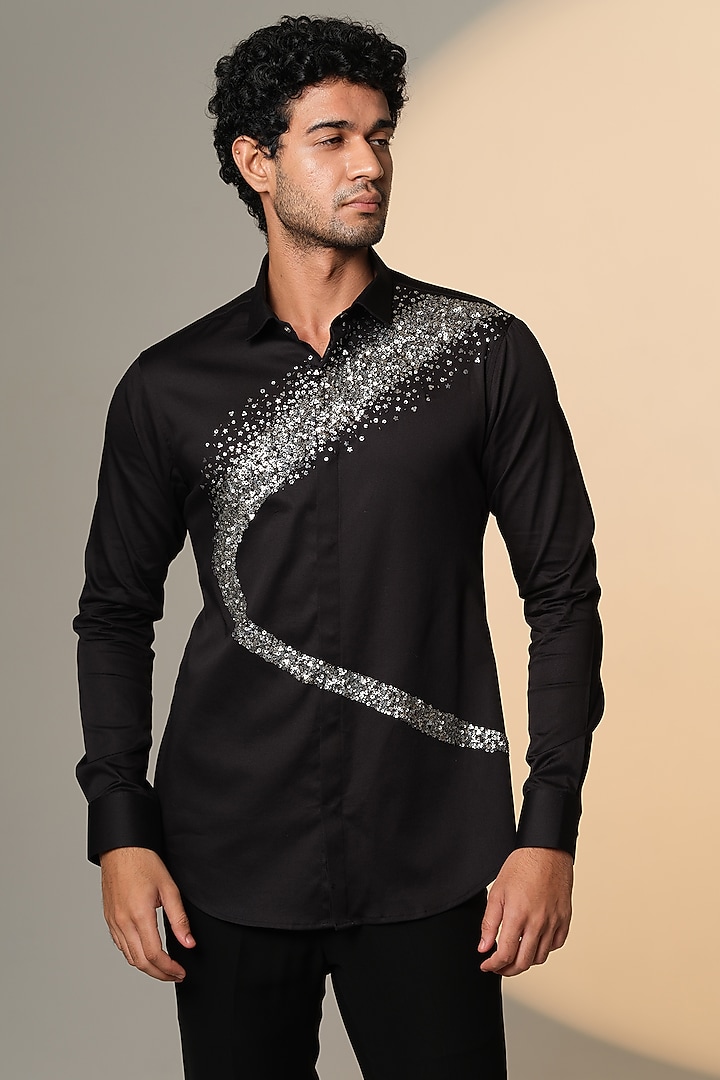 Black Stretchable Cotton Hand Embroidered Wedding Shirt by SANJANA REDDY MEN at Pernia's Pop Up Shop