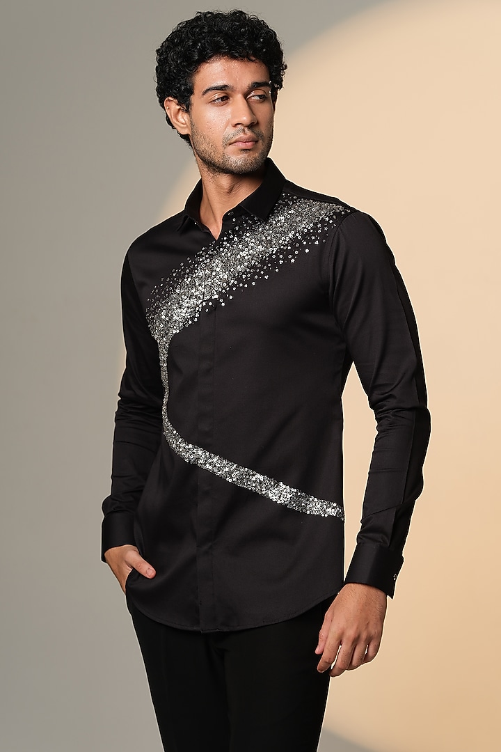 Black Stretchable Cotton Hand Embroidered Wedding Shirt by SANJANA REDDY MEN at Pernia's Pop Up Shop