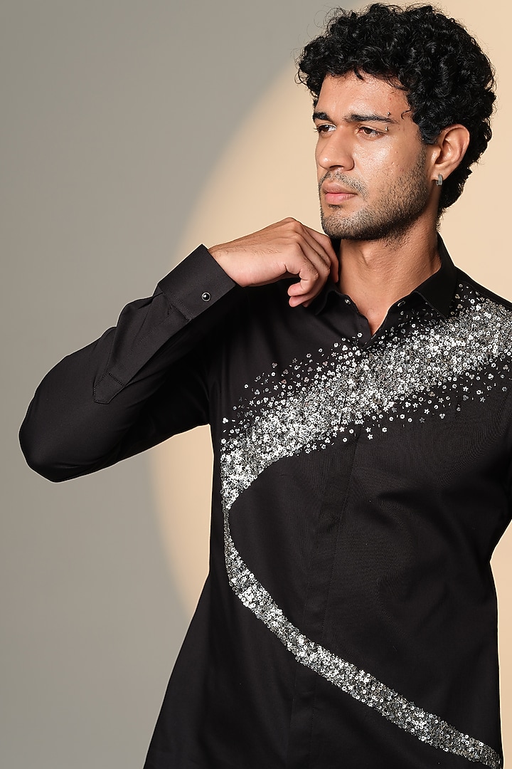 Black Stretchable Cotton Hand Embroidered Wedding Shirt by SANJANA REDDY MEN at Pernia's Pop Up Shop