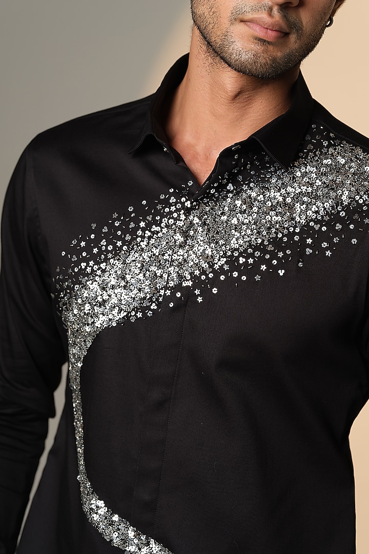 Black Stretchable Cotton Hand Embroidered Wedding Shirt by SANJANA REDDY MEN at Pernia's Pop Up Shop