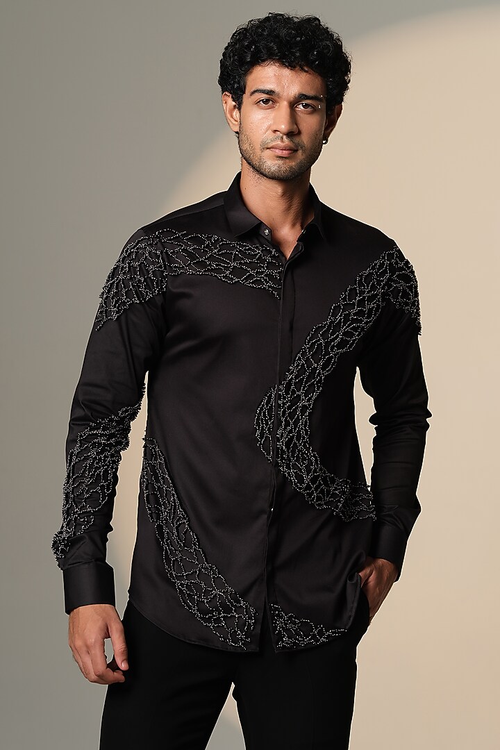 Black Stretchable Cotton Hand Embroidered Wedding Shirt by SANJANA REDDY MEN at Pernia's Pop Up Shop