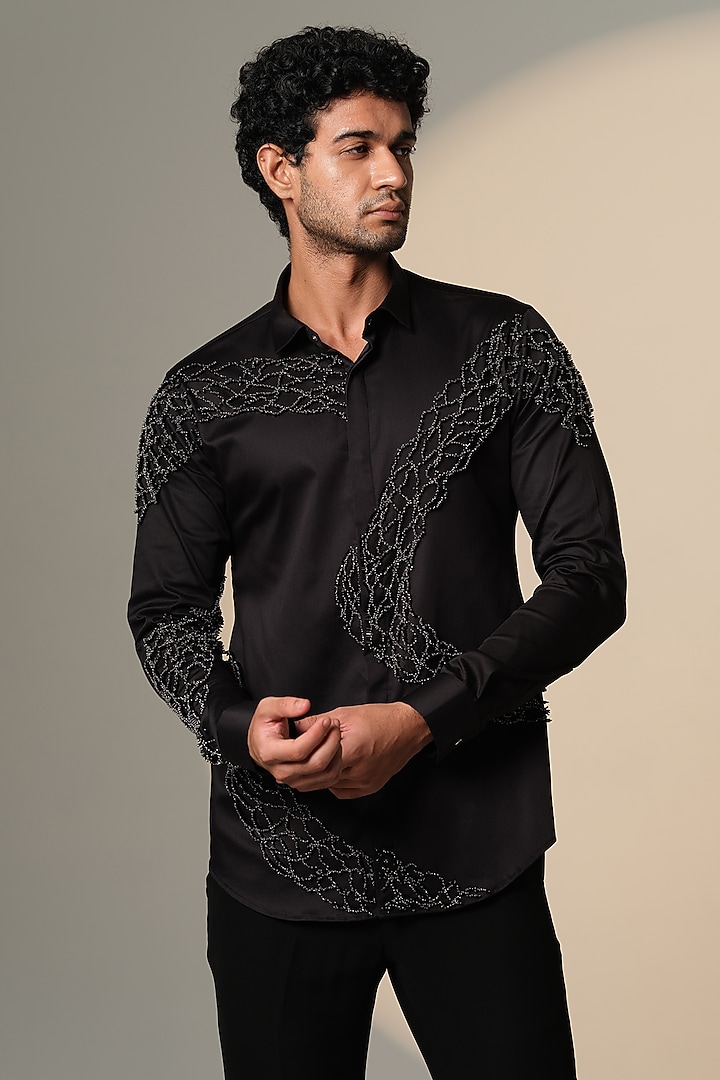 Black Stretchable Cotton Hand Embroidered Wedding Shirt by SANJANA REDDY MEN at Pernia's Pop Up Shop