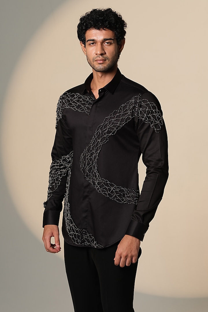 Black Stretchable Cotton Hand Embroidered Wedding Shirt by SANJANA REDDY MEN at Pernia's Pop Up Shop