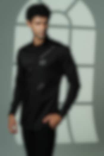 Black Stretchable Cotton Hand Embroidered Party Wear Shirt by SANJANA REDDY MEN at Pernia's Pop Up Shop