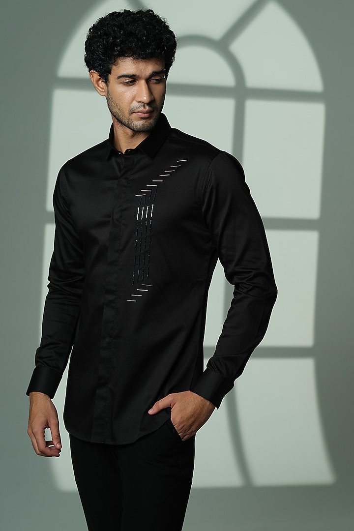 Black Stretchable Cotton Hand Embroidered Party Wear Shirt by SANJANA REDDY MEN at Pernia's Pop Up Shop
