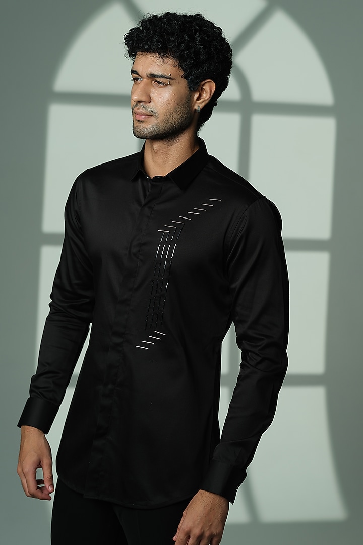 Black Stretchable Cotton Hand Embroidered Party Wear Shirt by SANJANA REDDY MEN at Pernia's Pop Up Shop