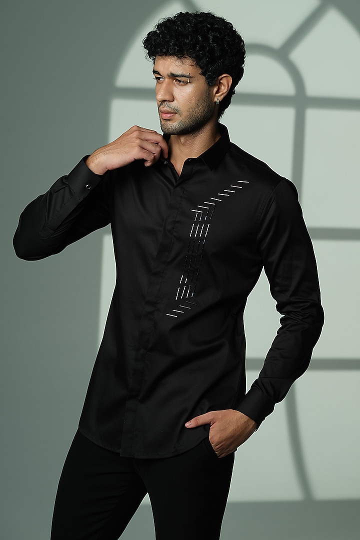 Black Stretchable Cotton Hand Embroidered Party Wear Shirt by SANJANA REDDY MEN at Pernia's Pop Up Shop