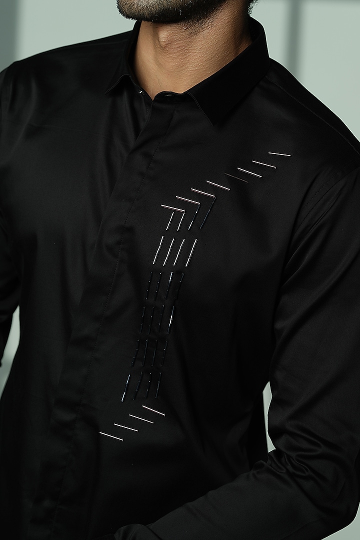 Black Stretchable Cotton Hand Embroidered Party Wear Shirt by SANJANA REDDY MEN at Pernia's Pop Up Shop