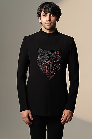 Black Stretchable Cotton Hand Embroidered Bandhgala by SANJANA REDDY MEN