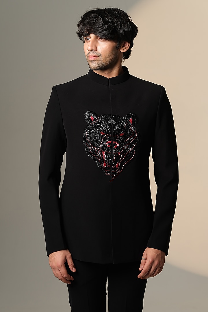 Black Stretchable Cotton Hand Embroidered Wedding Bandhgala by SANJANA REDDY MEN at Pernia's Pop Up Shop