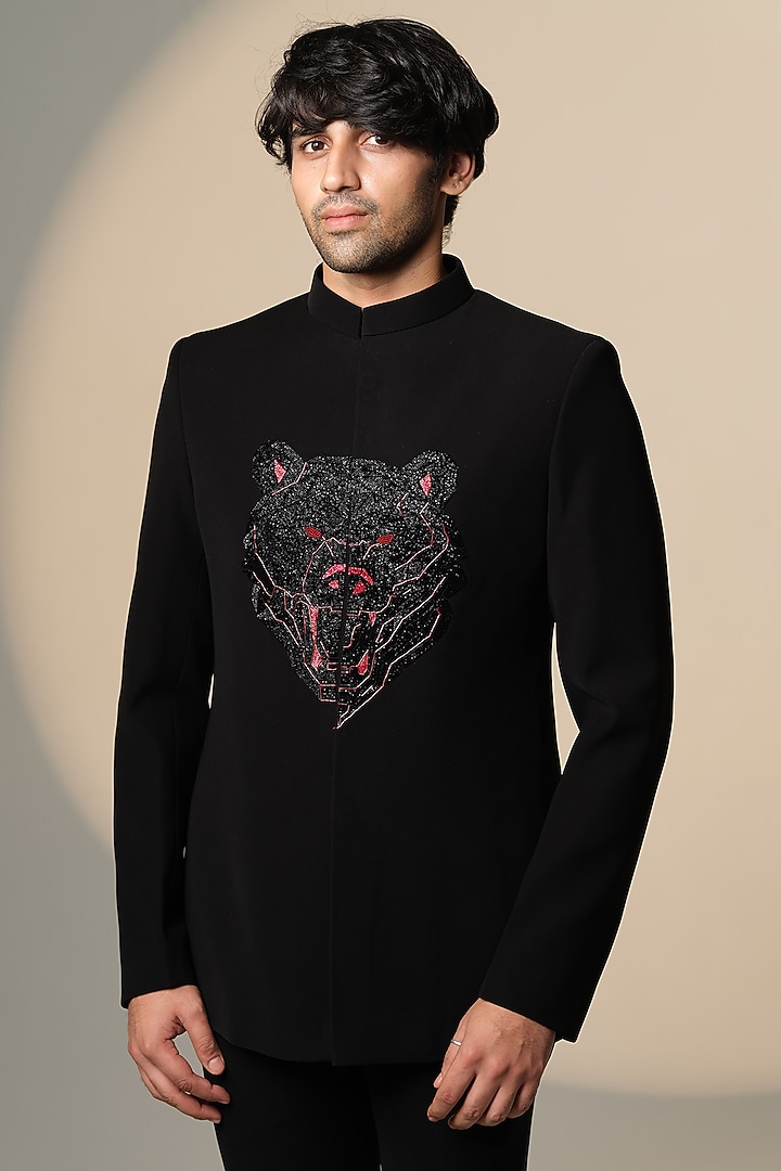 Black Stretchable Cotton Hand Embroidered Wedding Bandhgala by SANJANA REDDY MEN at Pernia's Pop Up Shop