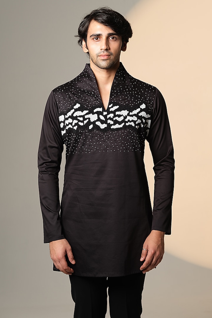 Black Stretchable Cotton Hand Embroidered Kurta by SANJANA REDDY MEN at Pernia's Pop Up Shop