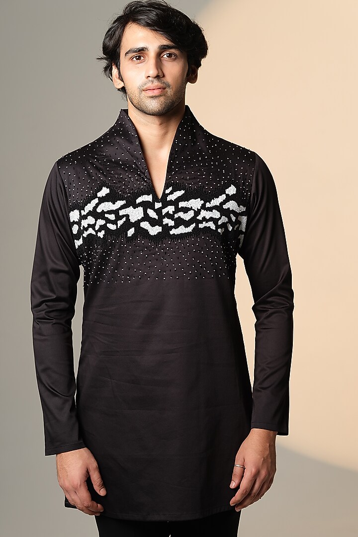 Black Stretchable Cotton Hand Embroidered Kurta by SANJANA REDDY MEN at Pernia's Pop Up Shop