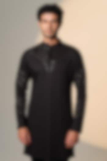 Black Stretchable Cotton Hand Embroidered Kurta by SANJANA REDDY MEN at Pernia's Pop Up Shop