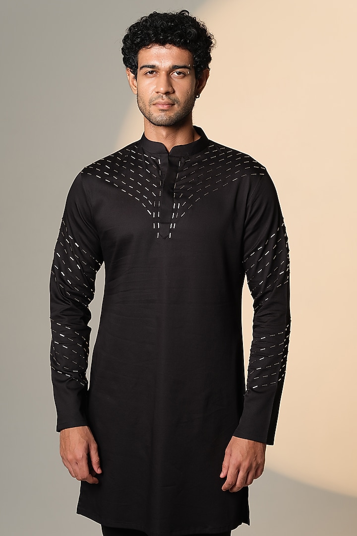 Black Stretchable Cotton Hand Embroidered Kurta by SANJANA REDDY MEN at Pernia's Pop Up Shop